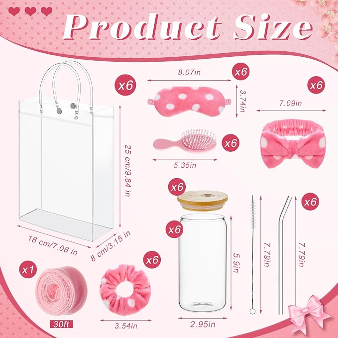 37 Pcs Spa Sleepover Party Supplies for Girls, 6 Set Spa Party Favors, Include Cups, Hairbands, Sleep Eye Mask, Headband, Brush, Tote Bags with Ribbon for Pink Sleepover Birthday Favors
