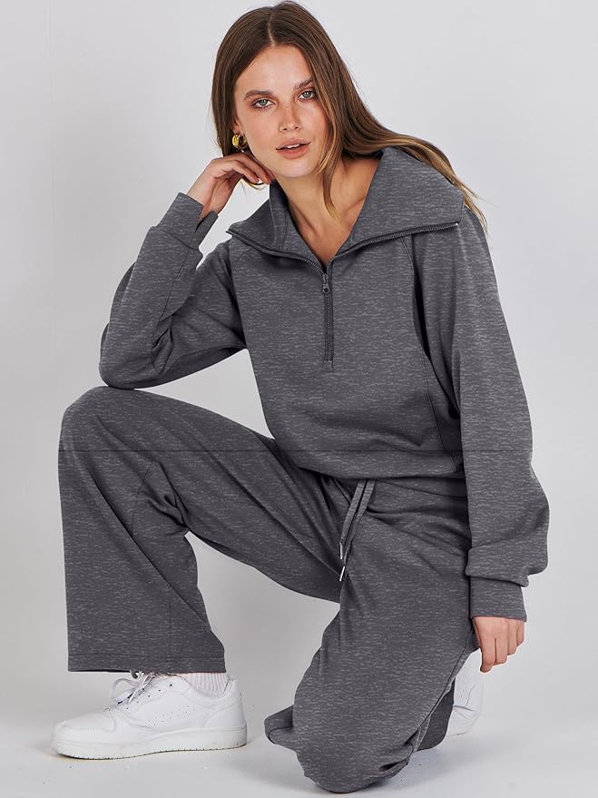 ANRABESS Women’s 2 Piece Outfits Half Zip Sweatshirt & Wide Leg Pants Airport Travel Lounge Matching Sets Sweatsuits Clothing