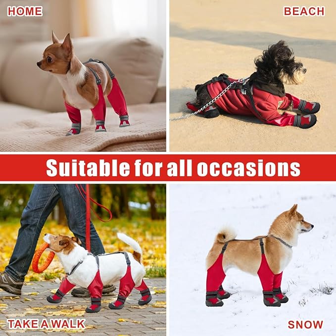 Idepet Dog Suspender Boots, Tall Dog Boots Anti-Slip & Fall Waterproof Shoes Leggings, Adjustable Suspender Boots for Winter Snow Rain Hiking Paws Protector (Red,3)