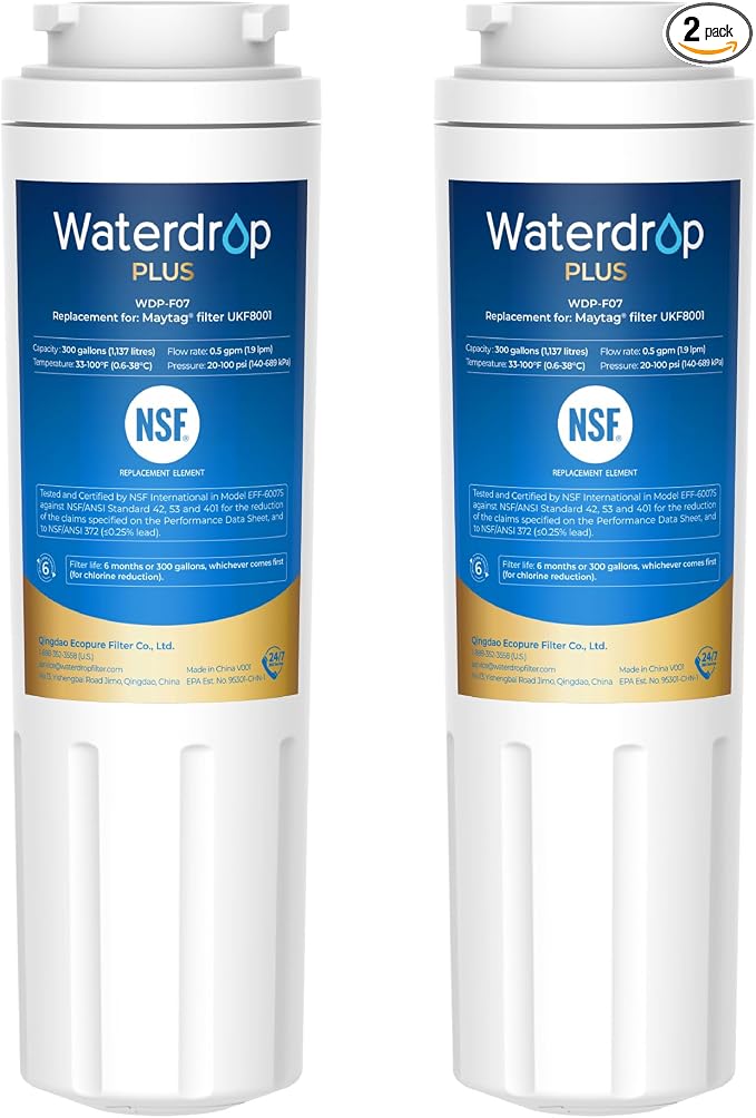 Waterdrop Plus UKF8001 NSF 401,53 Certified Refrigerator Water Filter, Reduce PFAS, Replacement for Whirlpool® Everydrop® Filter 4, EDR4RXD1, Maytag® UKF8001AXX, 2 Filters (Packaging May Vary)