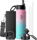 Coolflask Water Bottle 24 oz Insulated with Straw, Stainless Steel Metal 3 Lids Water Flask Wide Mouth for Sports or Office, Non-BPA Keep Cold Up to 48 Hrs or Hot Up to 24 Hrs, Bubblegum Princess