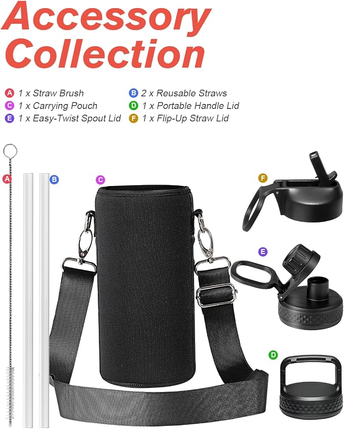 Coolflask Water Bottle 32 oz Insulated with Straw, Stainless Steel Metal 3 Lids Water Flask Wide Mouth for Sports or Office, Non-BPA Keep Cold Up to 48 Hrs or Hot Up to 24 Hrs, Arctic White