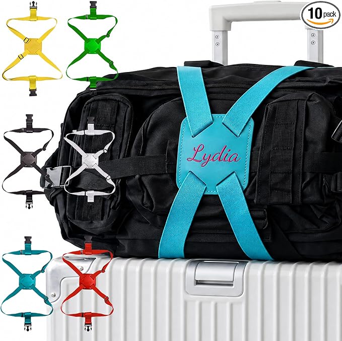 Personalized Luggage Straps Bag Bungee, 10 Pcs Custom Luggage Straps for Suitcases - Add a Bag Securely, Burst-Proof Elastic Travel Strap, High-Vis Luggage Connector Straps Adjustable 28"-95"