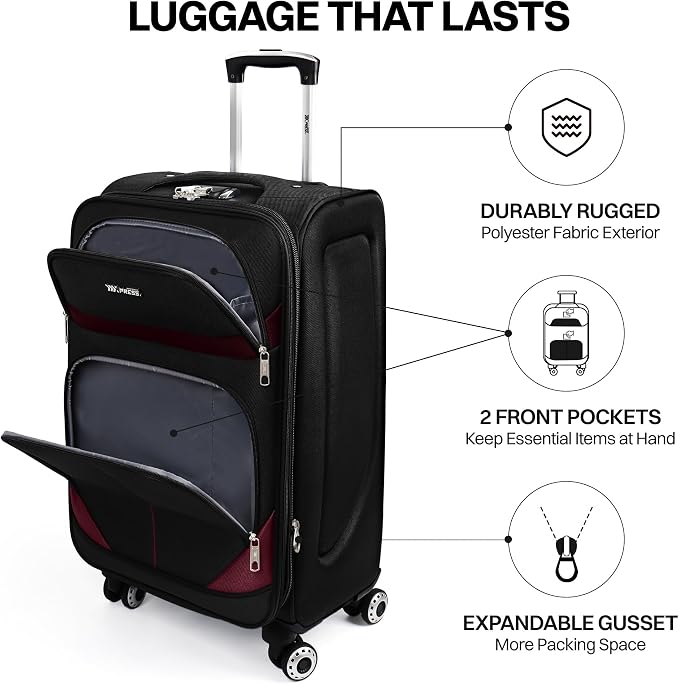20" Luggage, Softside Suitcase with LOCK,Expandable Luggage w/Double Spinner Wheels, Lightweight Rolling Suitcases for Travel Carry On Luggage（Black-Burgundy,20in）