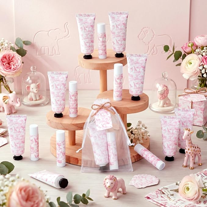 Qunclay 30 Sets Toile De Jouy Baby Shower Hand Cream and Lip Balm Gift Set Pink Chinoiserie Safari Animals Travel Size Hand Lotion Lip Balm Gifts Baby Bridal Shower Party Supplies for Guests