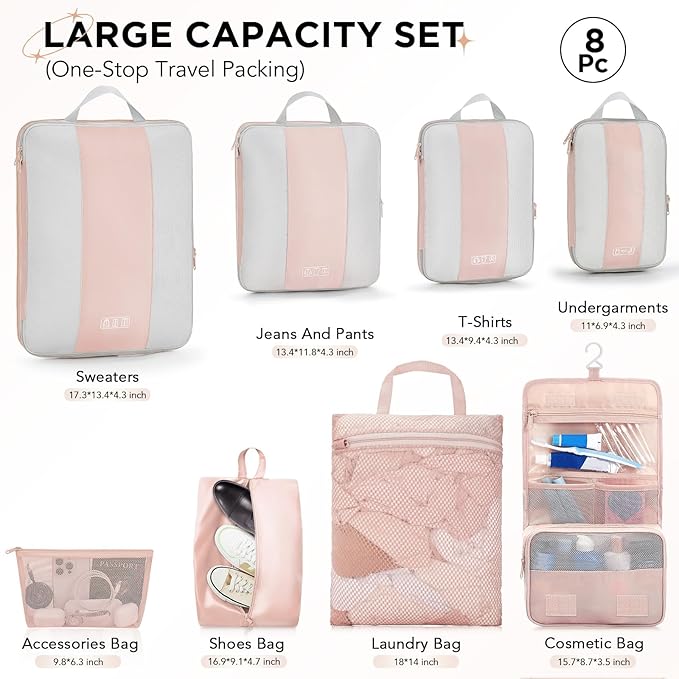 OlarHike 8 Set Compression Packing Cubes for Travel Gifts Mom Women,Airplane/Cruise/Car Travel Essentials,Compressible Expandable Saver Space Bags,Luggage Clothes Garment Bags for Travelers(Beige)