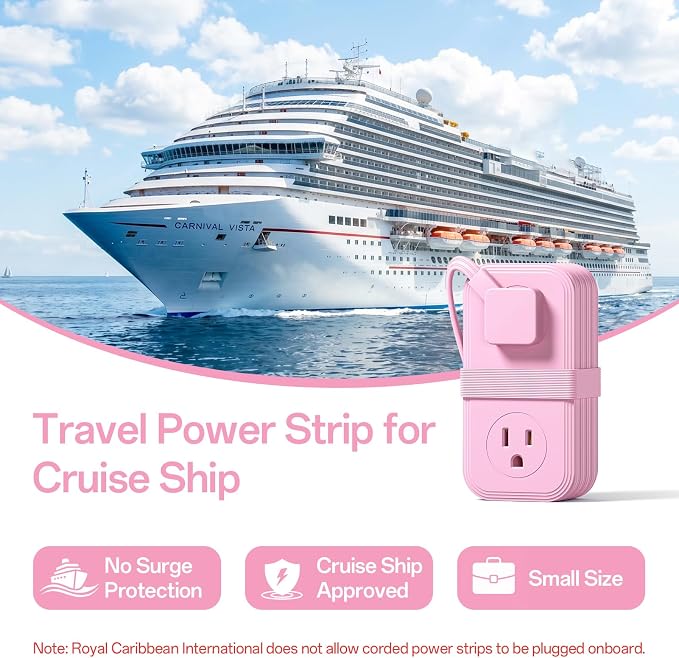 Travel Power Strip, SMALLRT Extension Cord with Multiple Outlets, 6.5FT Wrapped Extension Flat Plug Power Strip with 4 AC Outlets for Travel, Hotel, Cruise Approved, No Surge Protection, Pink