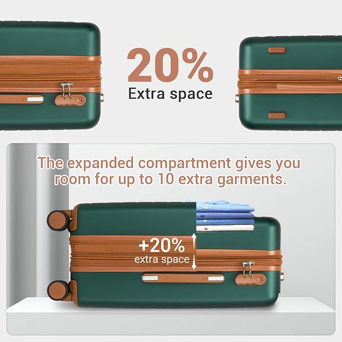 Kono Expandable 20 Inch Carry On Suitcase Airline Approved, Lightweight ABS+PC Hardshell Luggage with 360° Silent Spinner Wheels, Green/Brown