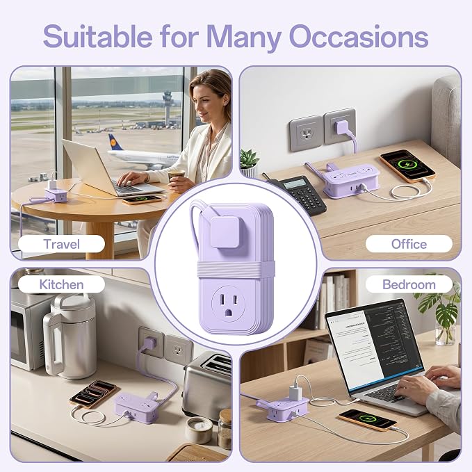 Travel Power Strip, SMALLRT Extension Cord with Multiple Outlets, 6.5FT Wrapped Extension Flat Plug Power Strip with 4 AC Outlets for Travel, Hotel, Cruise Approved, No Surge Protection, Purple