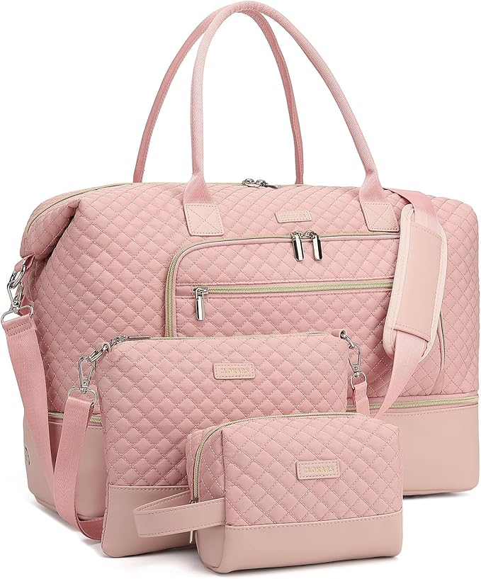 Weekender Bags for Women Travel, Under Seat Carry On Bags for Airplanes Overnight Bag with Shoe Compartment Luggage Sleeve, Foldie Travel Tote Bag Hospital Bag, Travel Gifts, Pink