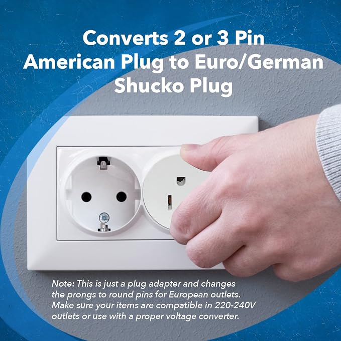 OREI American USA to European Plug Adapter – Type E/F schuko Plug Adapter - Use in Germany, France, & More - CE Certified – for Mobile, Laptop & Camera Chargers - 4 Pack