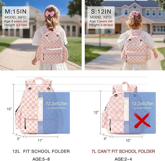 STEAMEDBUN Corduroy Toddler Backpack for Girls 2-4: Kids backpack for Boys Girls - 12 inch Preschool Kindergarten Backpacks - Checkerboard