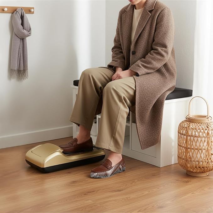 Automatic Shoe Covers Dispenser Shoe Covers Disposable Dispenser Portable Shoe Covers Disposable Waterproof Shoe Covers, Dust Proof, for Home, Shop and Office (Gold / 3 Roll Shoe Film)