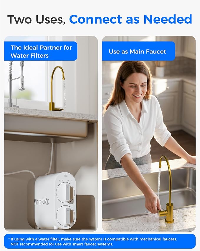 Waterdrop G2FCT-Gold Drinking Water Faucet, Reverse Osmosis Faucet, Water Filter Faucet for Kitchen Bar Sink, Single Handle, Easy to Install, Lead-Free, Stainless Steel, Brushed Gold