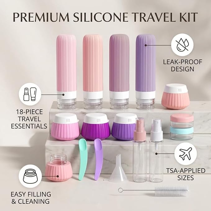 Travel Bottles Set 18 Pack, TSA Approved Leak Proof Silicone Travel Containers, Refillable Travel Size Containers for Toiletries, BPA Free, with Toiletry Bag for Shampoo Lotion Cream