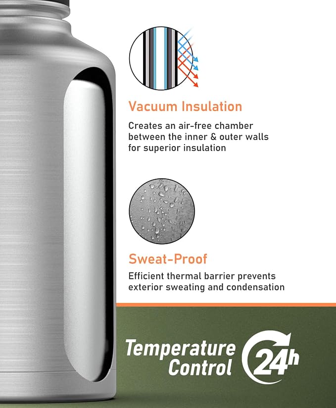 Filtered Half Gallon Water Bottle with Straw Lid - Large Insulated Bottle with Filter System, Includes Carrier Bag with Padded Shoulder Strap, 64oz (Stainless Steel)