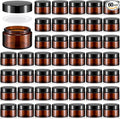Domensi 60 Pcs 1oz Glass Jars with Lids Bulk Small Glass Salve Tins Cream Container Cosmetic Jars for Travel Balm with Inner Liners for Sample Cream (Amber,Black Lid,Plastic Lid)