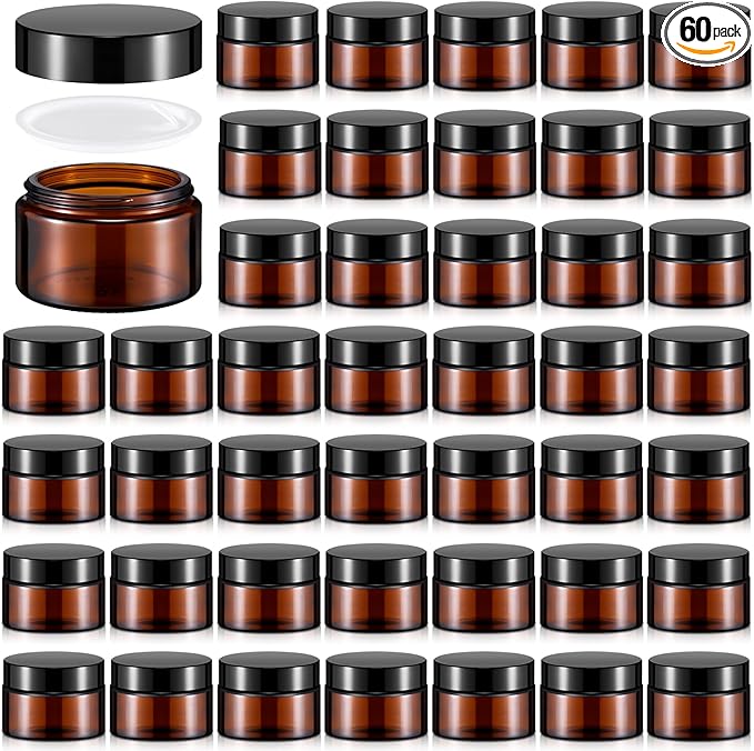 Domensi 60 Pcs 1oz Glass Jars with Lids Bulk Small Glass Salve Tins Cream Container Cosmetic Jars for Travel Balm with Inner Liners for Sample Cream (Amber,Black Lid,Plastic Lid)