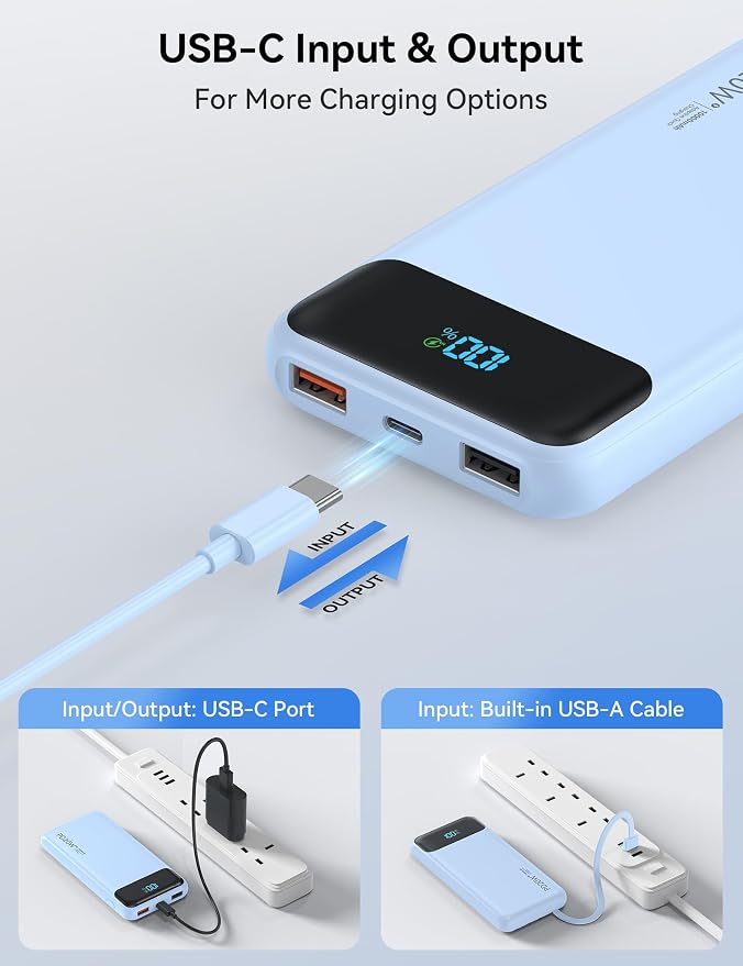 Nusyddy Portable Charger 10000mAh PD20W w/4 Built-in Cables/6 Outputs Blue | PD20W Fast Charging, LED Display, Pass Through Charging, Charge 6 Devices at once, TSA Approved, Fits iPhone, iPad, Samsung
