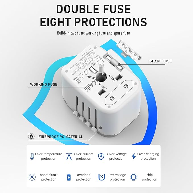 VYLEE Universal International Power Travel Plug Adapter, 5 in 1 European Travel Plug Adapter W/ 3.5A 2xUSB-A and 2xUSB C Wall Charger and Worldwide AC Outlet