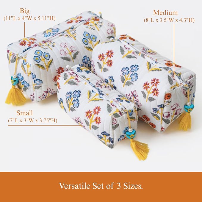 Saffron Marigold Quilted Makeup Bag Set of 3, Hand Block Printed Cotton Cosmetic Bags for Women, Waterproof Lined Travel Toiletry Bag, Coquette Floral Aesthetic, Handmade Gift, Wildflower Fields