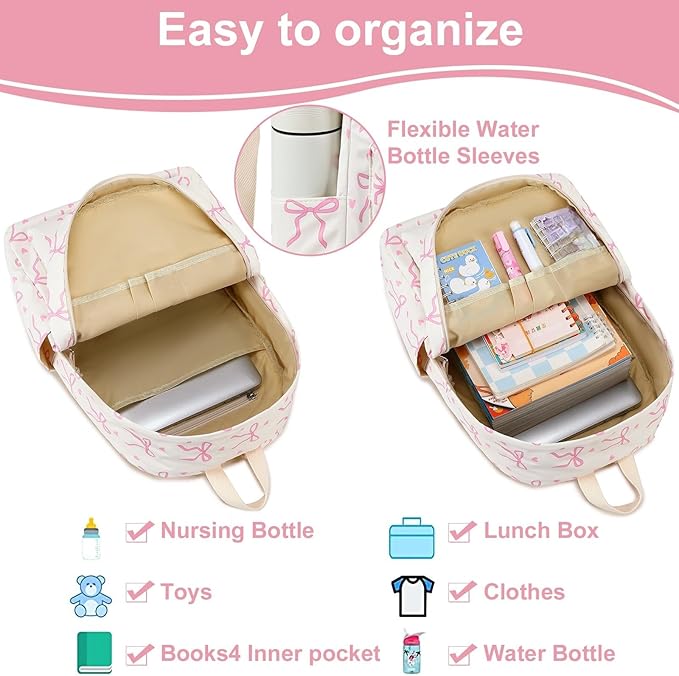 LOIDOU Backpack for Girls School Backpacks Bookbags for Elementary Middle School Women Laptop Backpacks (Bow tie Beige, L-17)