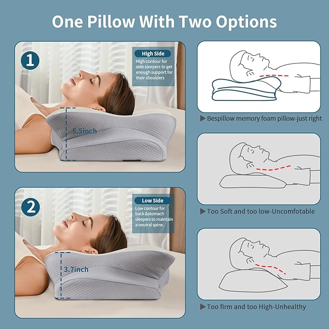 Cervicac了Neck Pillow for Pain Relief - Ergonomic Side Sleeper Pillow for Neck Support, Contour Orthopedic Cervical Pillow for Sleeping, Cooling Memory Foam Pillows for Back Sleepers (Grey)