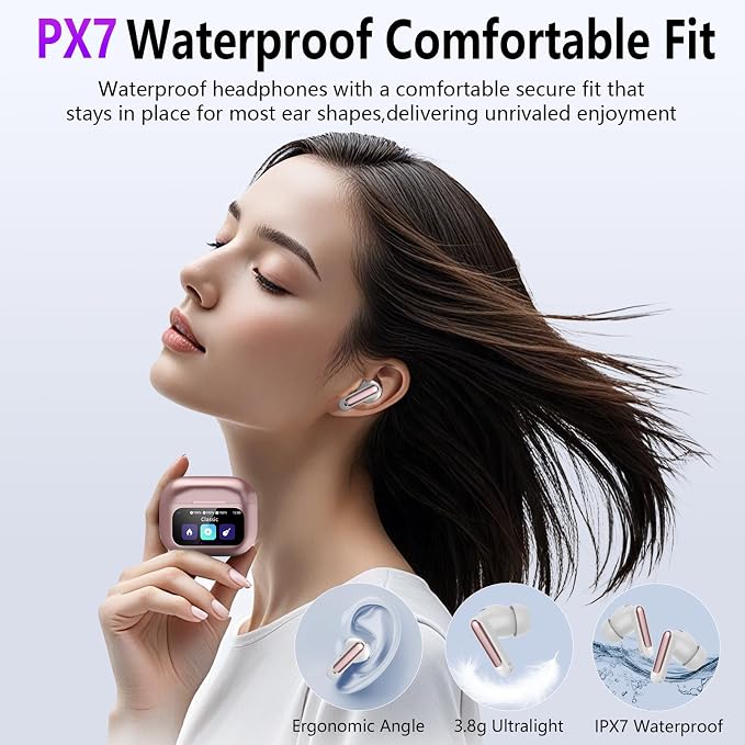 Thunelec Wireless Earbuds with Touch Screen, 2026 New Bluetooth 5.4 Headphones with ANC/ENC Mic, 50H HiFi Stereo Ear Buds with 5 EQ Modes, Transparency Mode, IPX7 Earphones for Running, Rose Glod