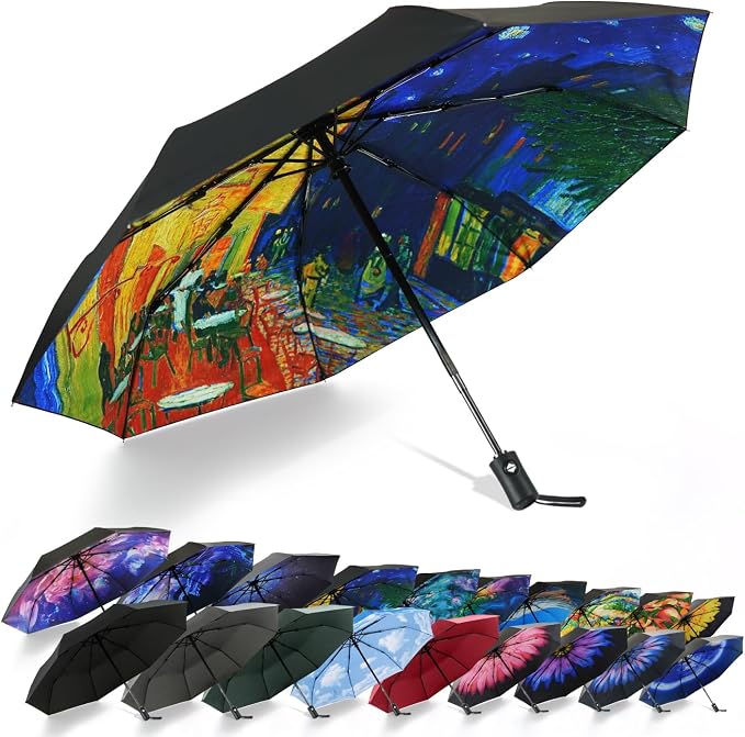 SY COMPACT Travel Umbrella - Windproof Automatic Compact Umbrella for Rain, Lightest 8-Rib, Small, Strong & Portable, Durable Grip, Fits Backpack & Car, Factory Direct (UV Available)