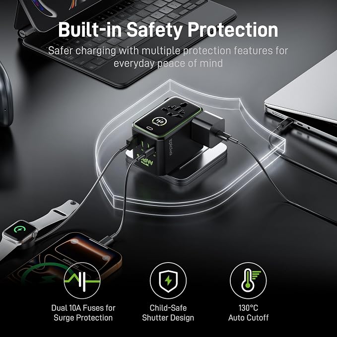 Epicka Pulse Duo 140W Universal Travel Adapter with Smart Display, International Power Adapter with 3.28ft Cable, 2 AC Outlets PD 3.1 PPS Charger Compatible with MacBook, iPhone, Travel Essentials