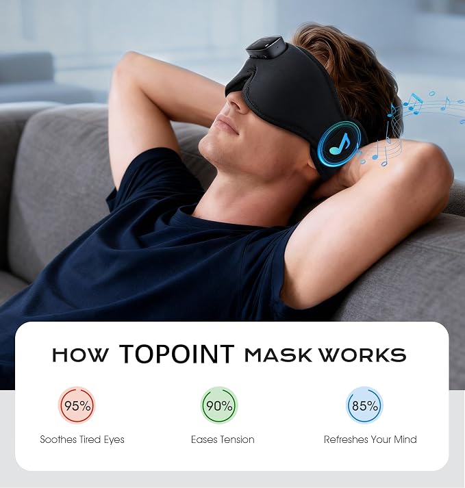 TOPOINT Sleep Mask with Headphones Bluetooth 5.4-3D Zero-Pressure Design Adjustable Sleep Headphones 100% Light Blocking Sleep Headphones with White Noise Sounds Comfortable(Onyx)