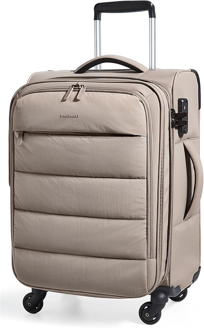 BAGSMART Carry On Luggage 22x14x9 Airline Approved, 20 Inch Soft Suitcase with Wheels, Lightweight Spinner Carry on Suitcase with PVC Wet/Dry Pockets for Short Trip, Camel
