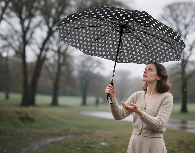 SIEPASA Windproof Travel Compact Umbrella-Automatic Umbrellas for Rain- Folding Umbrella, Travel Compact Umbrella.(Black Polka Dots)