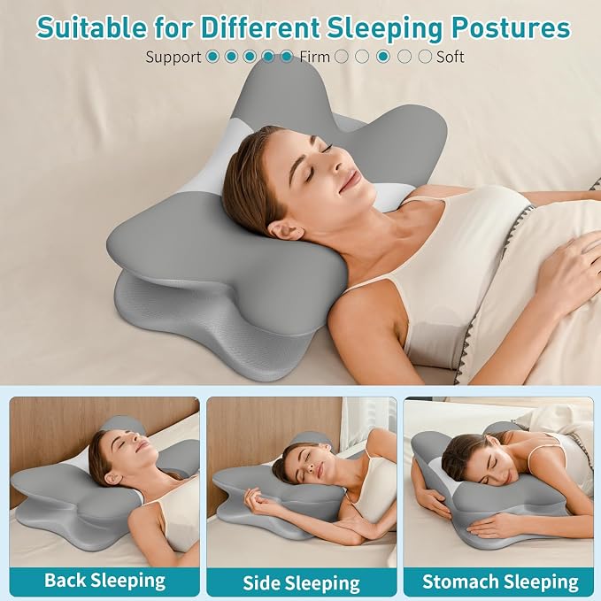 Cervical Pillow for Neck Pain Relief, Ergonomic Neck Pillow for Sleeping, Contour Pillow for Neck Support, Memory Foam Pillows for Reading & Bed Rest Pillows for Sleepers (Grey & White)