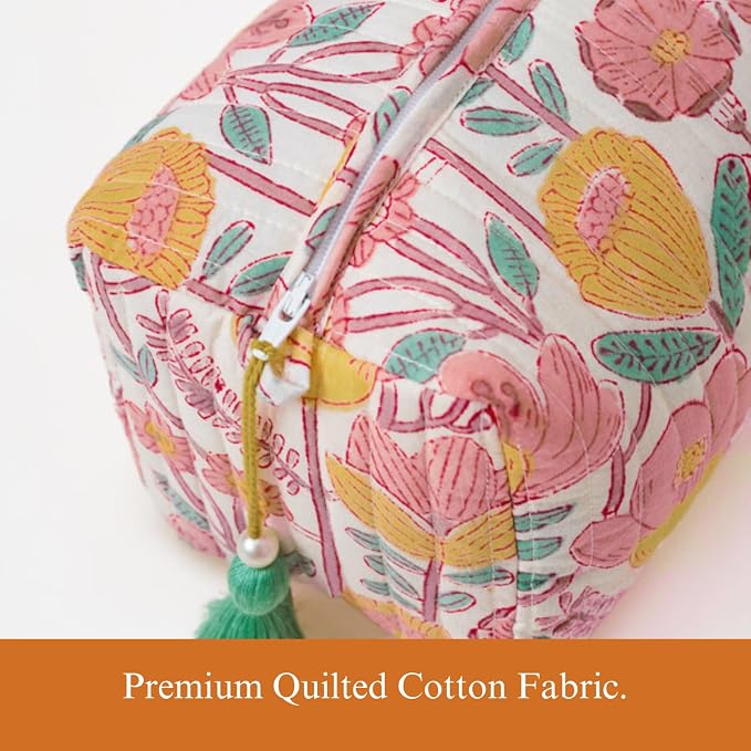 Saffron Marigold Quilted Makeup Bag Set of 3, Hand Block Printed Cotton Cosmetic Bags for Women, Waterproof Lined Travel Toiletry Bag, Coquette Floral Aesthetic, Handmade Gift, Sunspell Garden