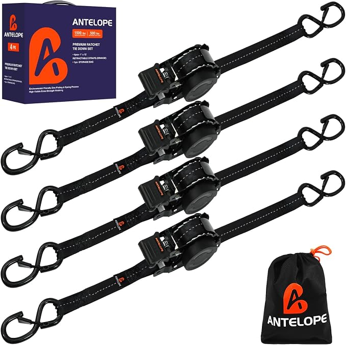 Retractable Ratchet Straps (4 PK) 1 in x 12 ft Auto Retract Tie Down Straps, 1500lb Break Strength AutoRetract Self Retracting for Motorcycle, Truck, Cargo, Trailer, ATV, UTV -Black