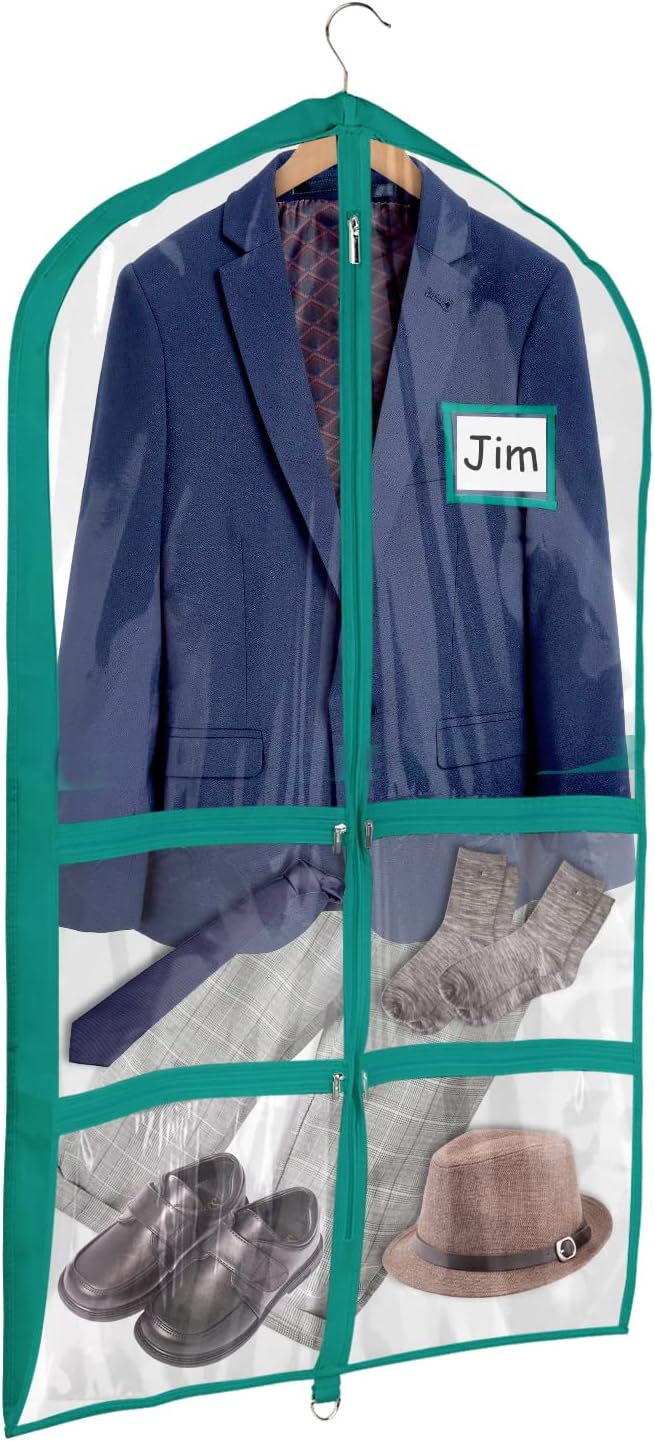 Univivi Clear Blue-Green PVC Dance Costume Garment Bag 40 Inch For Dance Competitions With 4 Medium Zipper Pockets And 1 Large Back Zippered Pocket (12 Pack, Clear Blue-Green)