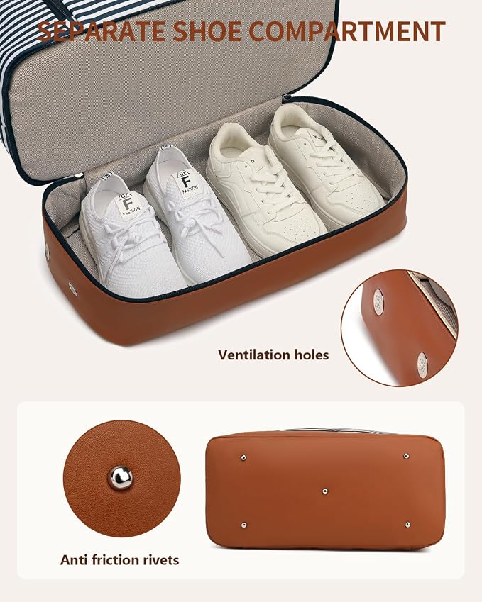 Weekender Bags for Women Travel, Under Seat Carry On Bags for Airplanes Overnight Bag with Shoe Compartment Luggage Sleeve, Foldie Travel Tote Bag Hospital Bag, Travel Gifts, Blue Strip