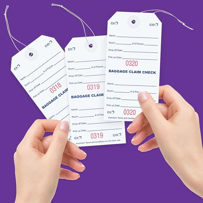1000 Baggage Claim Check Tags with Red Consecutive Numbering. Elastic Strings Attached to Each tag with Reinforced Eyelet Around Hole Prevents Tearing. Size: 5 1/4" (Height) x 2 5/8" (Width)