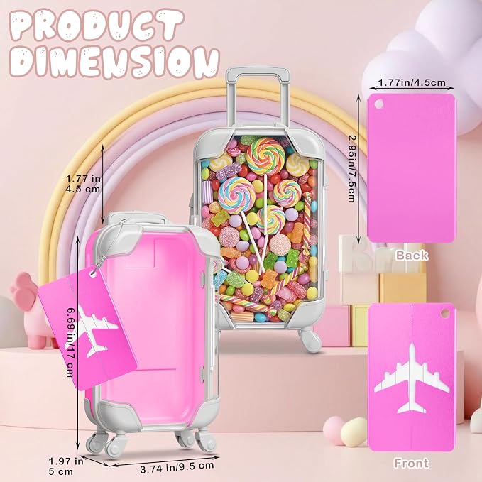 Teecyhooo 12 Pcs Mini Suitcase Party Favor Boxes and 12 Pcs Metal Luggage Tags with Card, Clear Mini Luggage Gift Boxes for Girls Wedding Travel Birthdays (6.69 x 3.74 x 1.97 Inch,Pink,Rose Red)