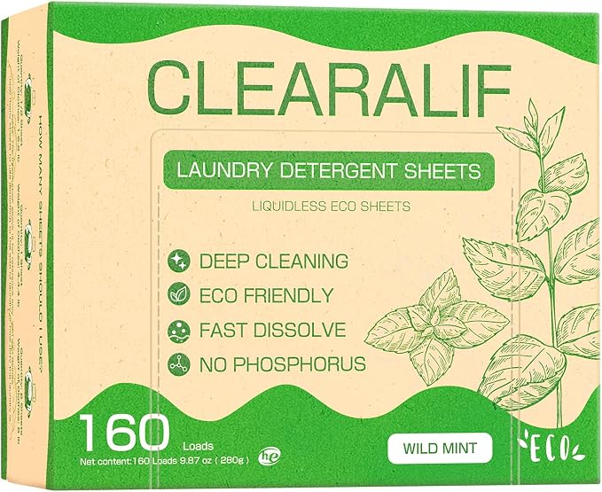Laundry Detergent Sheets Up to 160 Loads, Wild Mint - Great For Travel,Apartments, Dorms,CLEARALIF Laundry Detergent Strips Eco Friendly & Hypoallergenic - 80 Sheets