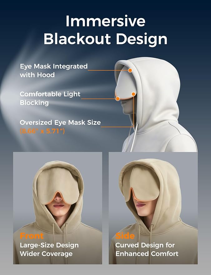 Travel Hoodie with Built-In Eye Mask for Airplane Travel Breathable Comfort Pullover Sweatshirt Multiple Pockets