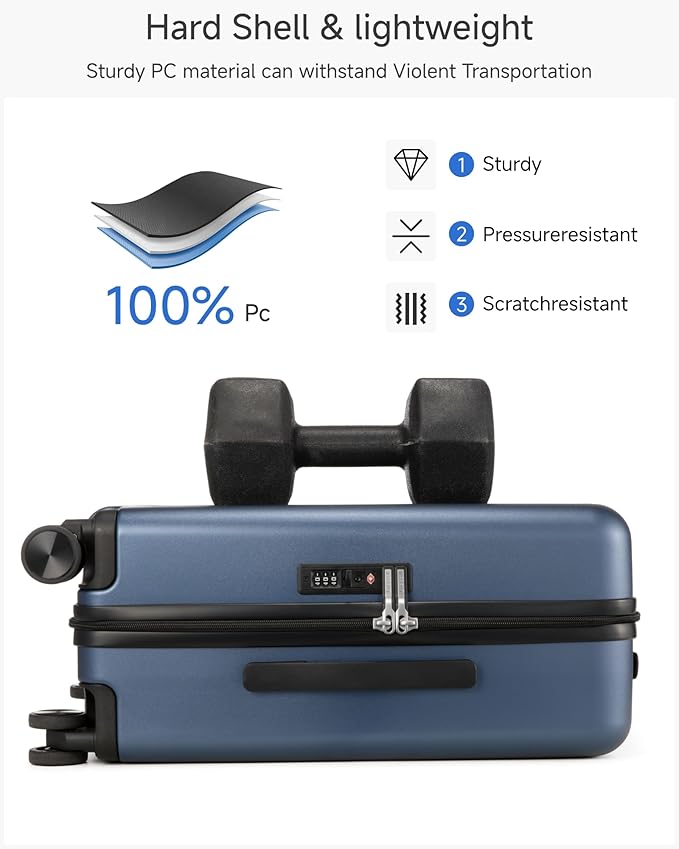 LUGGEX Carry On Luggage 22x14x9 Airline Approved, L2 100% PC Hard Shell Travel Suitcase with Smooth Spinner Wheels, TSA Lock (Blue, 20 Inch, 40L)