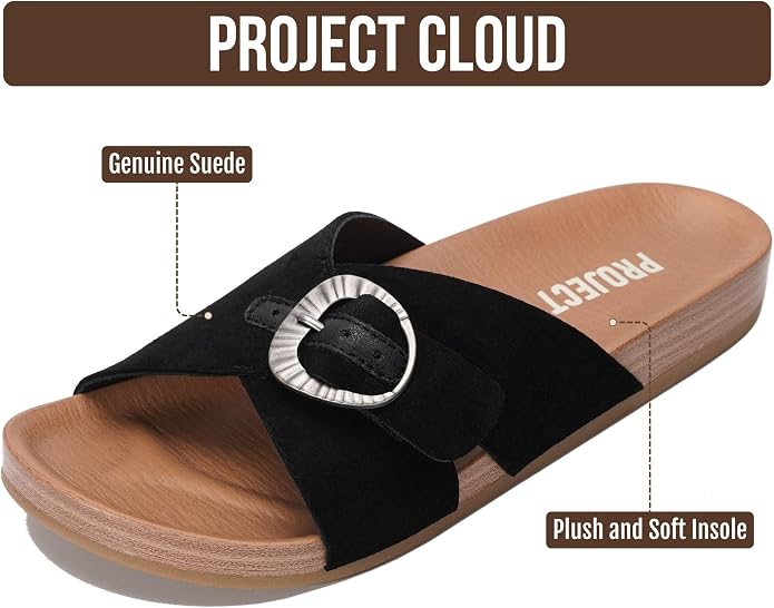 Project Cloud Womens Sandals - Adjustable Buckle Sandals for Women 2026 with Plush Insole - Lightweight & Non Slip Slides for Women Footwear