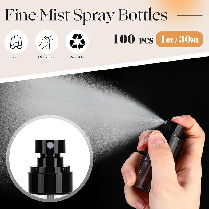 Black 100 Pack Fine Mist Spray Bottle Bulk, 1oz Small Plastic Leak Proof Fine Mist Mini Spray Bottles Refillable Empty Travel Mister Sprayer Bottle for Hair, Cleaning, Essential Oils, Face