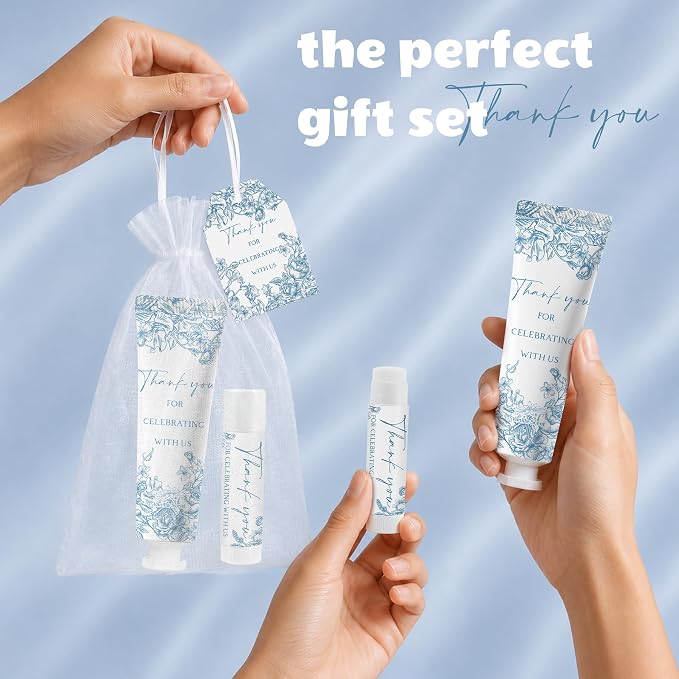 30 Sets Moisturizing Hand Cream Lotion Lip Balm Kit Bulk for Wedding Thank You Welcome Return Gifts Something Blue Floral Theme Birthday Baby Shower with Tags Organza Bags Rustic Vintage Aesthetic