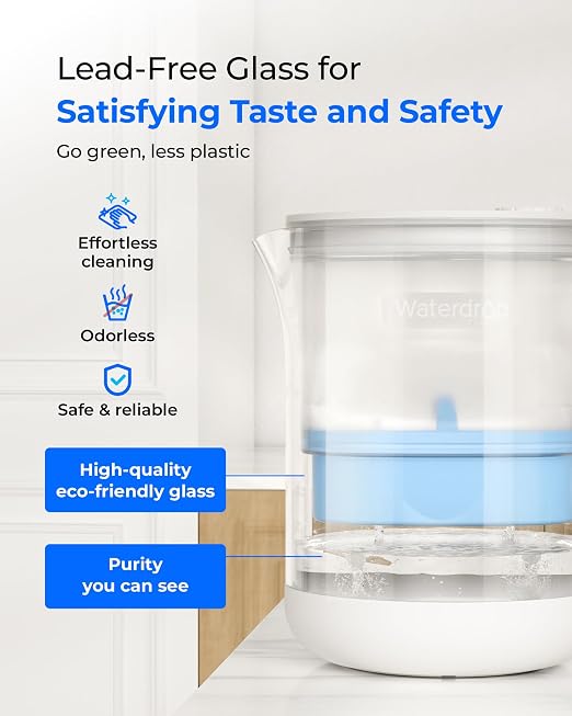 Waterdrop PT-72C-A Glass Alkaline Water Filter Pitcher, 7-Cup, Eco-Friendly, Enhances Alkaline Water, for Home & Office, Reduces PFOA/PFOS, Chlorine, Cadmium, Copper & Mercury, Clear