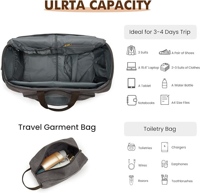 S-ZONE Carry On Garment Bag for Travel Convertible Garment Duffle Bag Suit Bags for Men Women Travel 2 in 1 Hanging Suitcase Business Travel Bag with Toiletry Bag, Gery, 50l