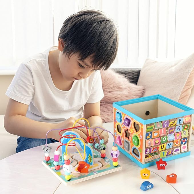 Qilay 5-in-1 Wooden Activity Cube for Toddlers 1-3(Large),Multipurpose Toddler Activity Center with Bead Maze & Shape Sorter, Early Educational Toy First Birthday Present for Boys Girls