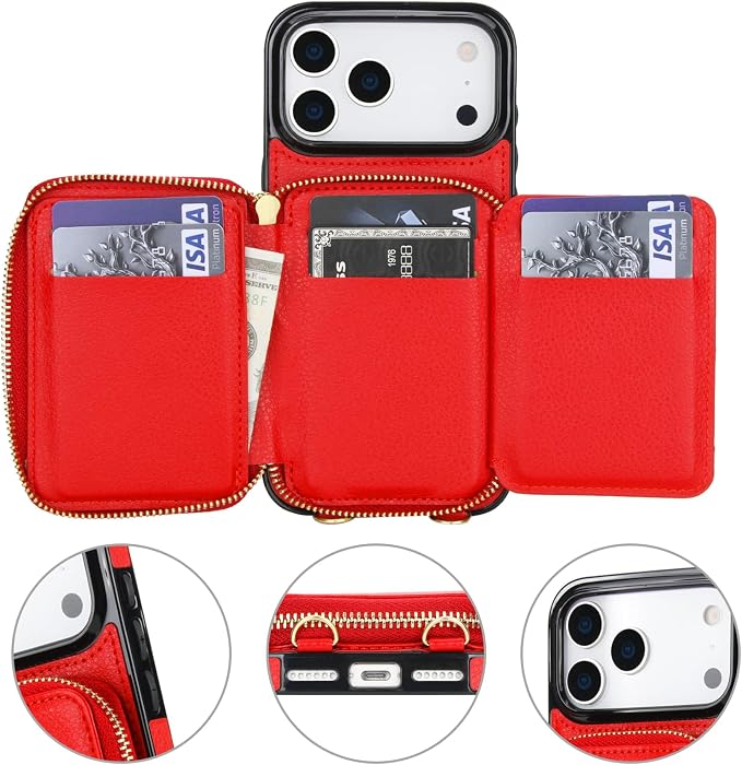 Bocasal RFID Blocking Wallet Case for iPhone 17 Pro Max, Adjustable Crossbody Zipper Purse Case Card Holder with Kickstand Detachable Wrist Strap, PU Leather Flip Folio Case 6.9 Inch 5G (Red)